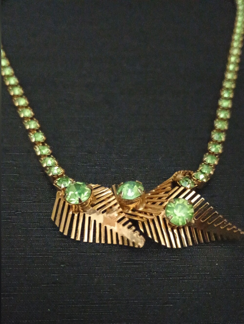Vintage Uranium Glass Gold Tone Necklace with Light Green Crystals
